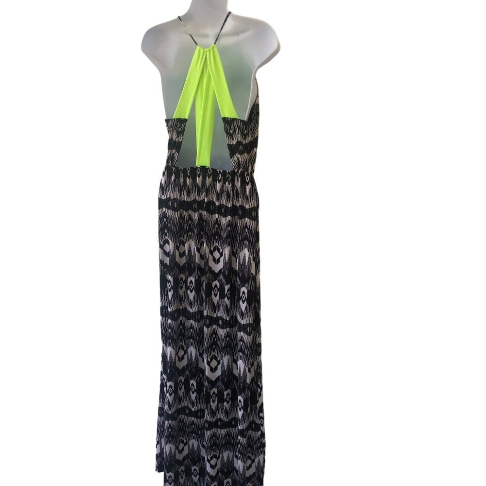 Hazel & Olive Summer Halter Maxi Dress Lime Accent Back Strap *Size Small